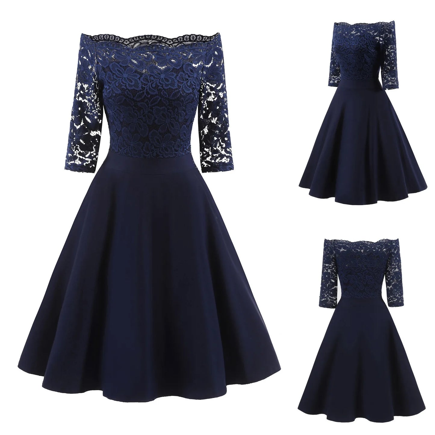 Women Elegant Off Shoulder Dresses Lace Half Sleeve Strapless Cute Wom