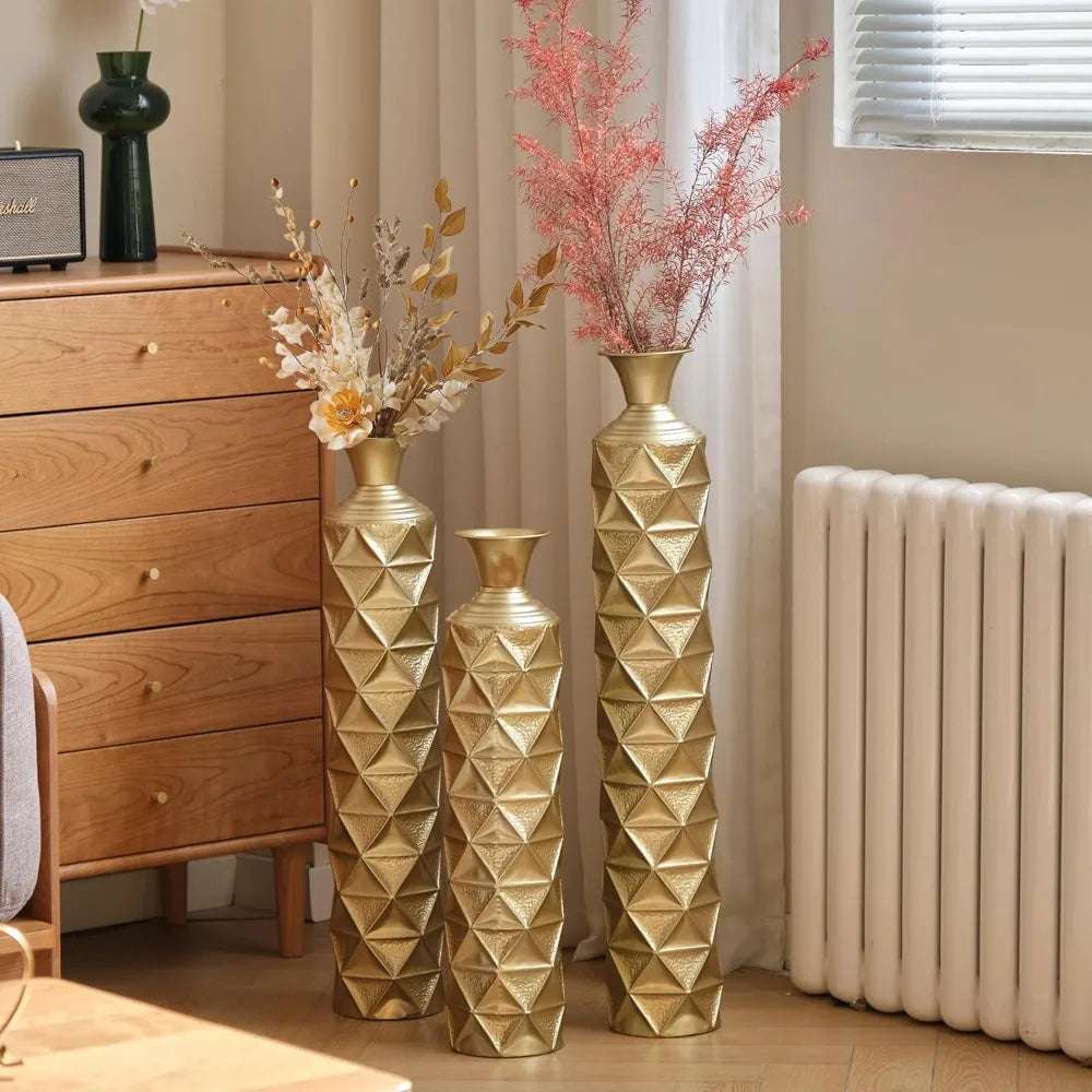 Metal Tall Floor Vase For Dried Flowers Centerpiece Vase With 3D Triangle Pattern, Set Of 3 Vases For Home Decor