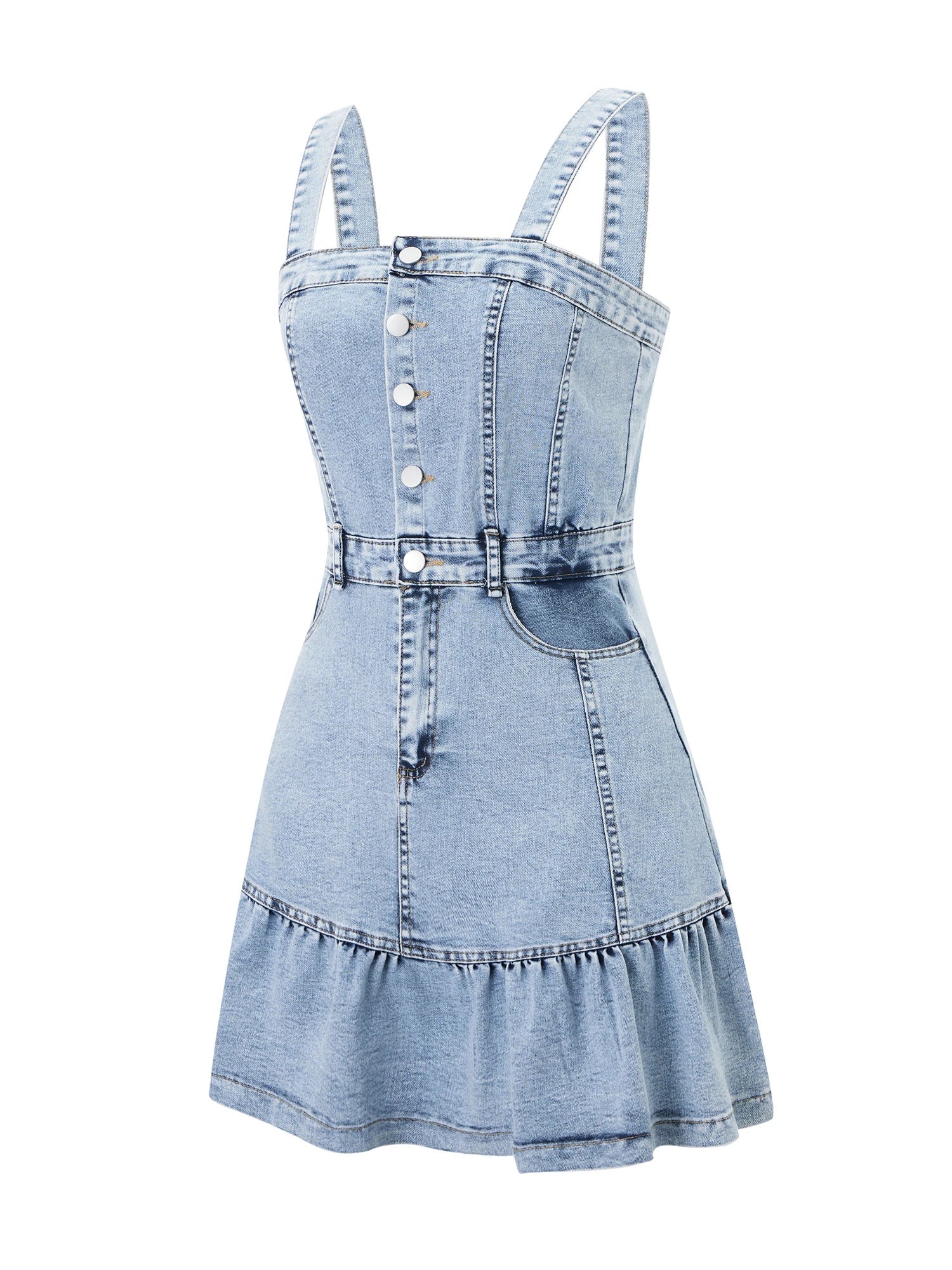 WoMenleeveless Denim Jumpsuit with Button Up Front and Square Neckline Solid Color Overall Mini Dress for Summer Beachwear