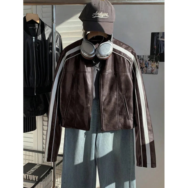Women'S Striped Long Sleeve Casual Brown Faux Leather Motorcycle Cropped Jacket, Autumn