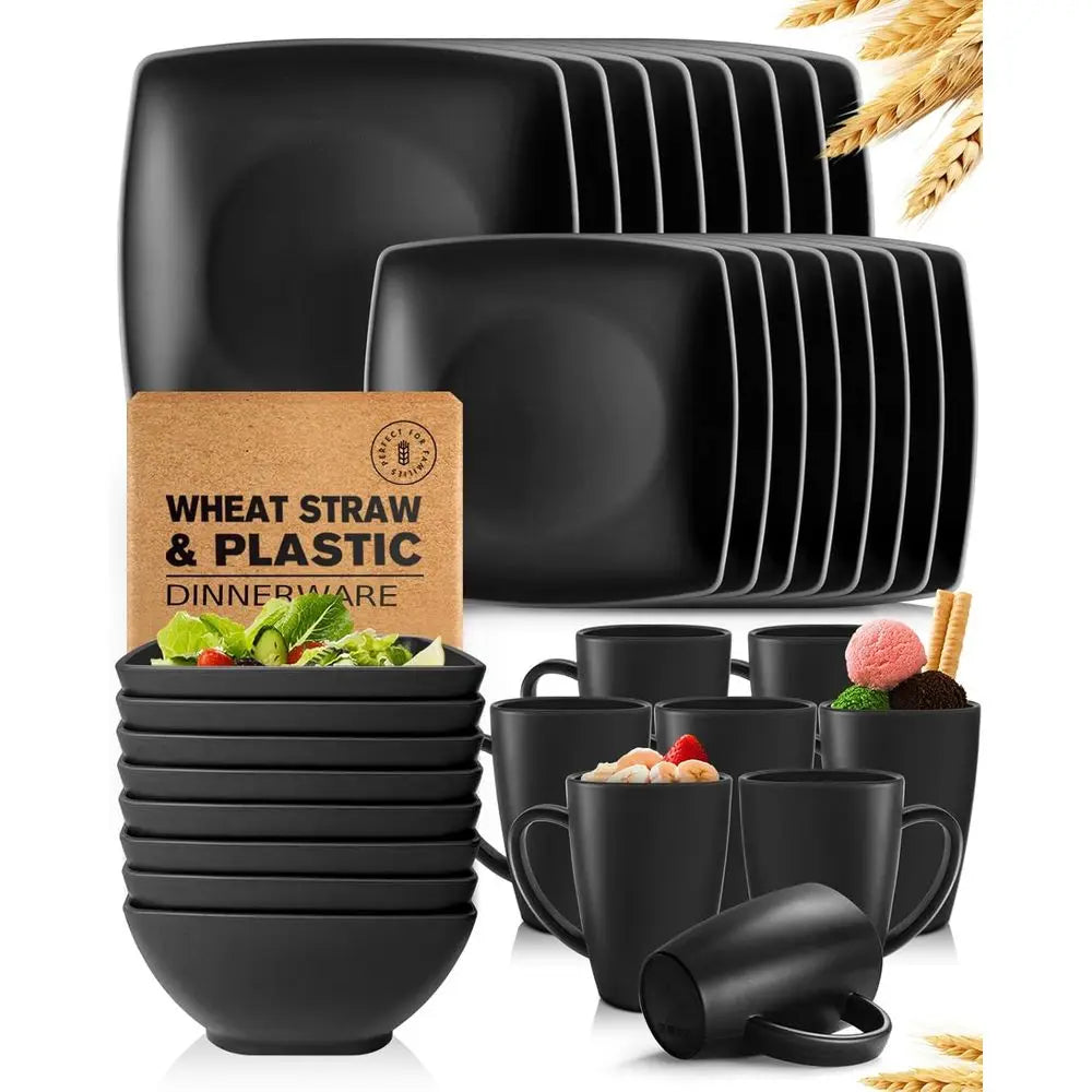 32-Piece Plastic Square Dinnerware Set, Service For 8 Unbreakable Dinner Plates, Salad Plates, Snack Bowls & Mugs, Dishwasher Safe