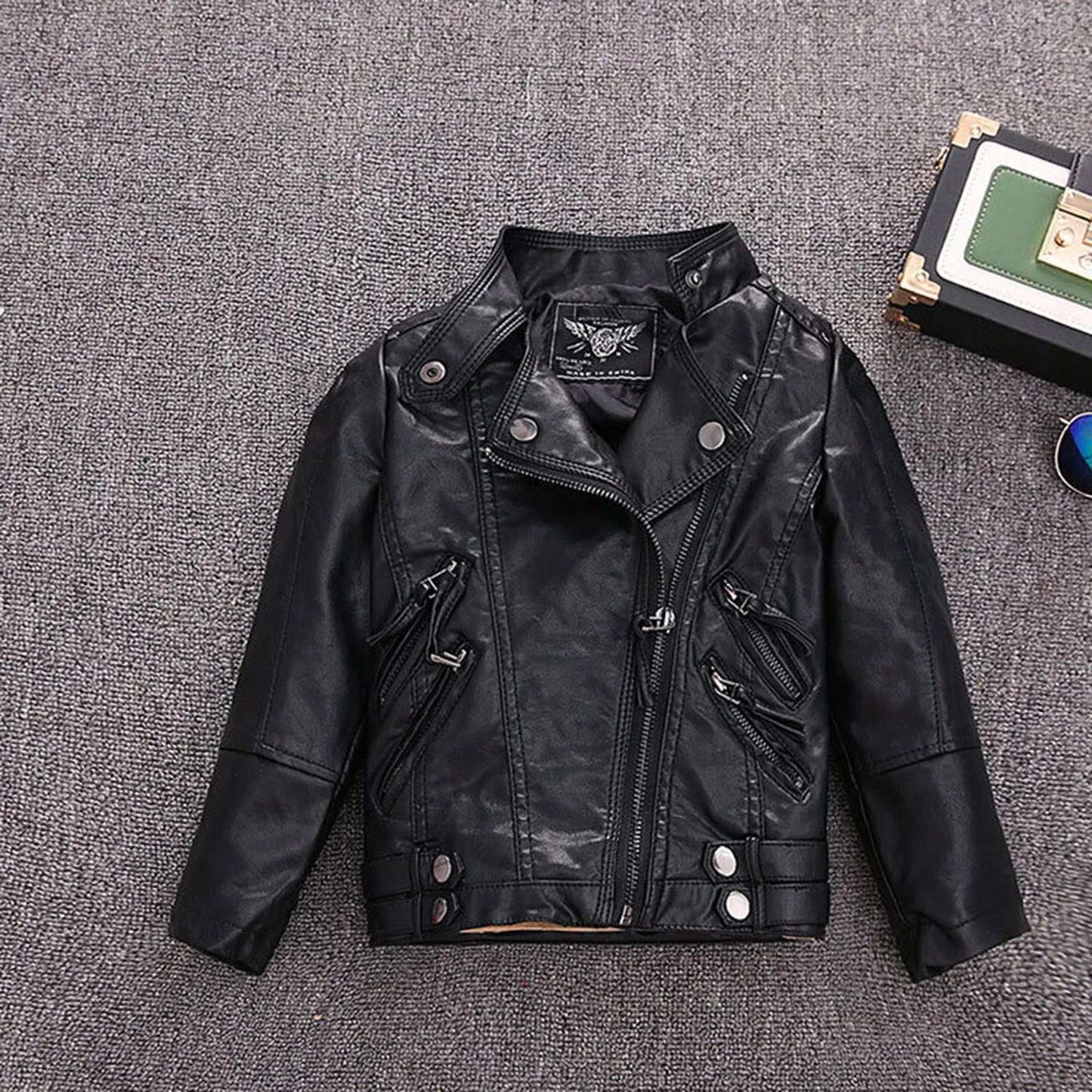 Kids Girl Spring Pu Leather Jacket Motorcycle Coat For Boy Faux Leather Jacket Baby Thickened Outer Sweaters