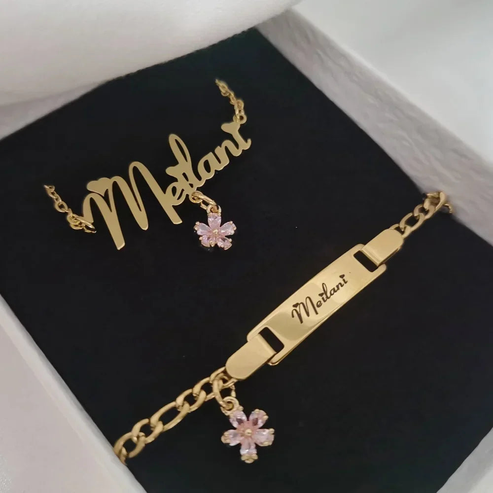 Leechee Flower Zircon Small Pendant Custom Name Letter Nameplate Necklace Engraved Bracelet Gorgeous Jewelry Set Gift For Kids