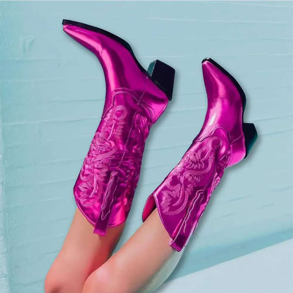 GIGIFOX Embroidered Women Mid-Calf Western Boots Block High Heel Pointed Toe Pull-On Shoes All-Match StreetSnap Cowgirl  Boots