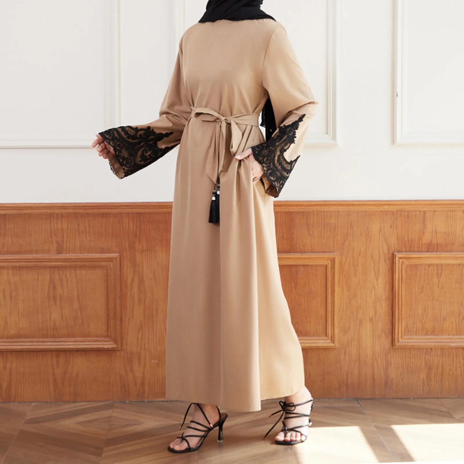 Fashion Muslim Dress Dubai Full Length Sleeve Soft Abaya Dubai Turkey Muslim Islam Robe Tassel Tie Waist Dresses