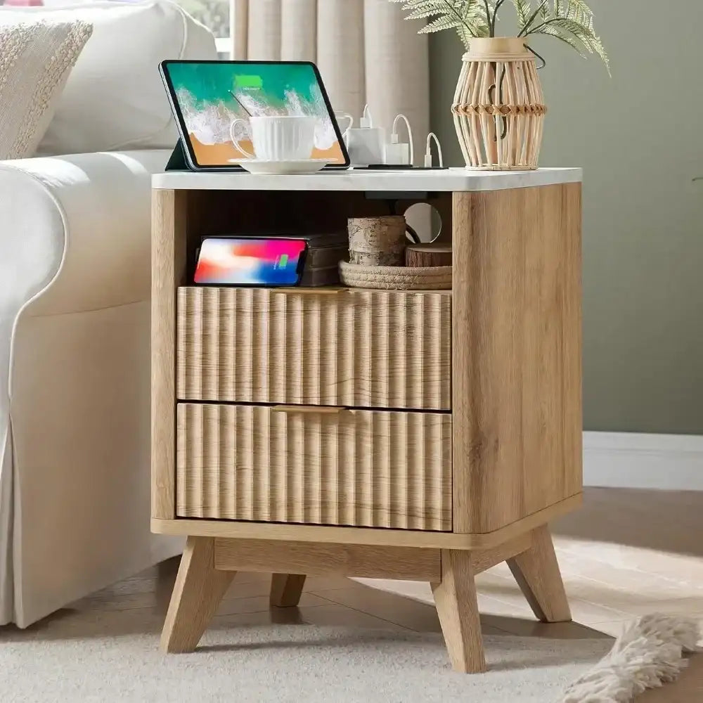 Fluted Nightstand with Charging Station Table with Faux Marble Top Drawers End Table W/Storage Beds night stand