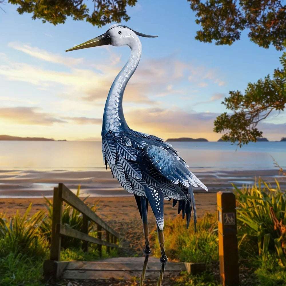 Blue Metal Crane Sculpture, Elegant Outdoor Garden Decor, Weather-Resistant Heron Statue for Patio, Lawn & Backyard