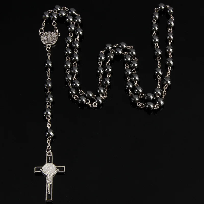 Vintage Black Gallstone Cross Rosary Pendant Necklace For Women