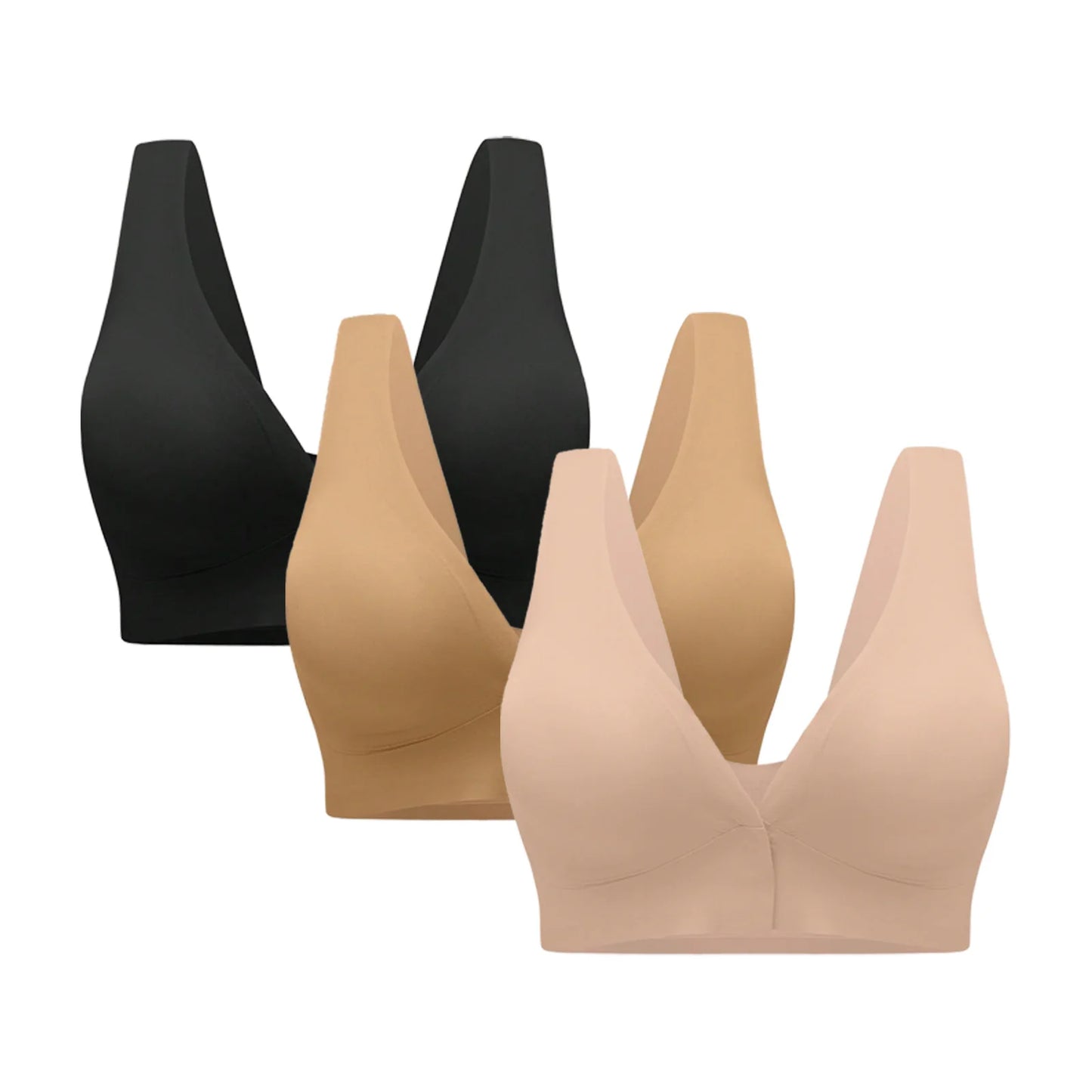 3 Pcs WoMen' Deep V Wire-Free Bras Wide Strap Front Closure Gorgeous Push Up Seamless Bralettes For Cup A B C D