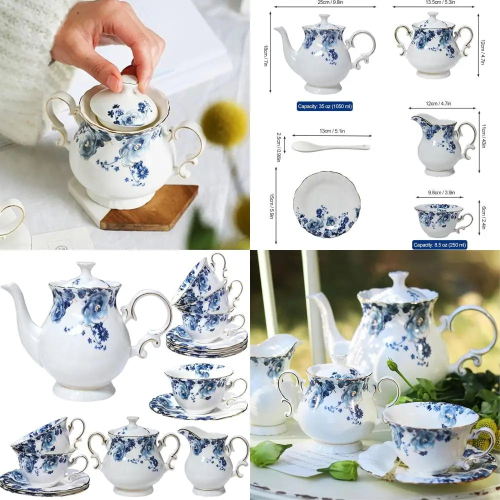 Blue And White 21-Piece Porcelain Tea Set For Adults With Vintage Style And Gift Box