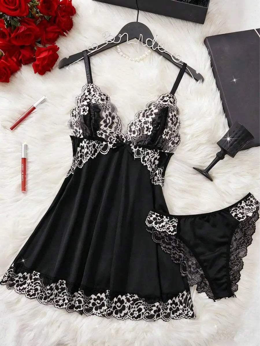2-Piece Black Floral Lace Sleepwear Set With V-Neck Bow Tie Nightgown And Matching Panties