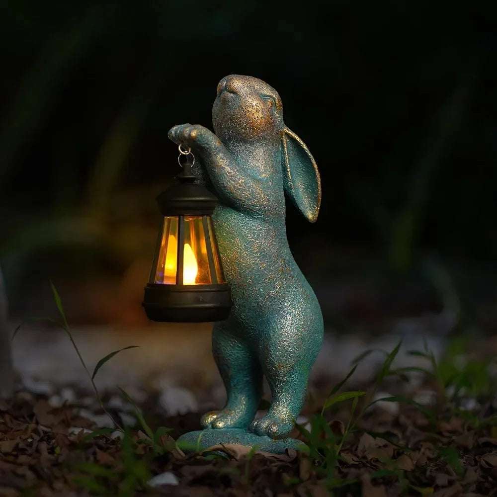 Garden Statues Rabbit with Solar Lantern Outdoor Bunny Figurines Decorations for Patio Yard Lawn Ornaments Gifts
