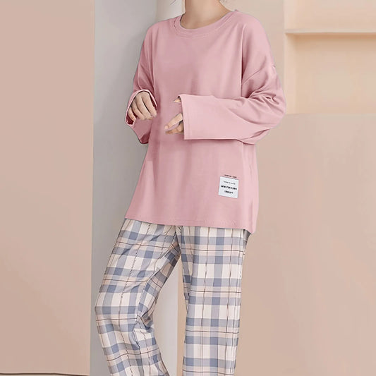 Pajamas Set For Womenpring Autumn New Sweet Loose Casual Home Wear Plaid Print Sleepwear Outfit 2 Piece Set T-Shirts+Pant Sets