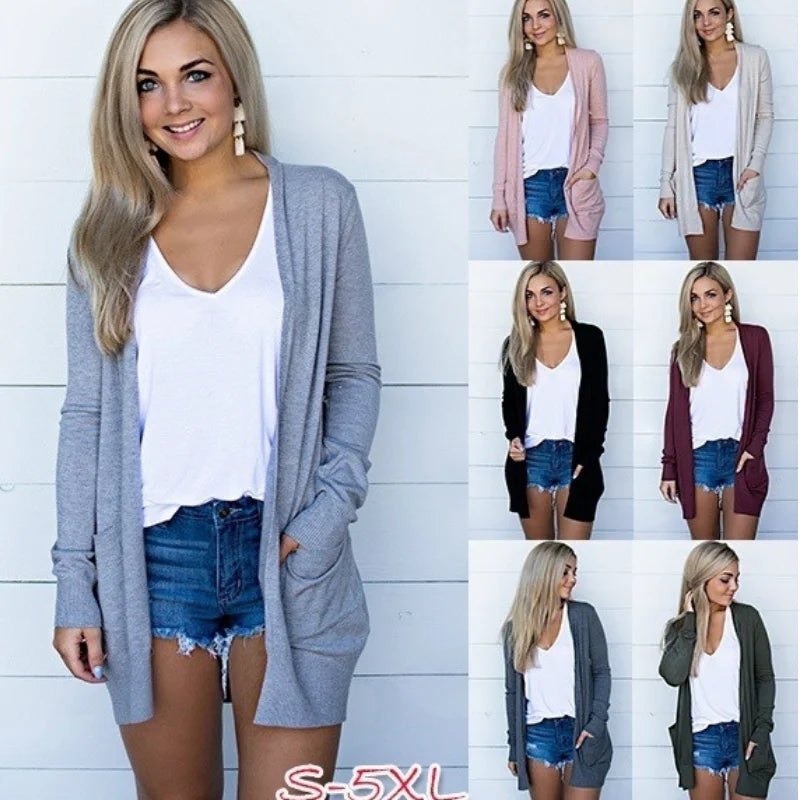 New Women'S Fashion Solid Long Sleeve Solid Casual Autumn Winter Medium Long Pocket Cardigan S-5Xl Multicolor Large