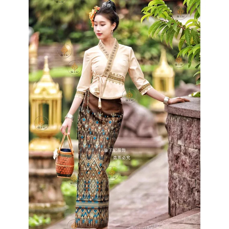 Thai Dai Ethnic Women New Set Spring-Summer Slight Stretch Mid-Sleeve Tops Tube Skirt Traditional Thailand Retro Outfit Dail