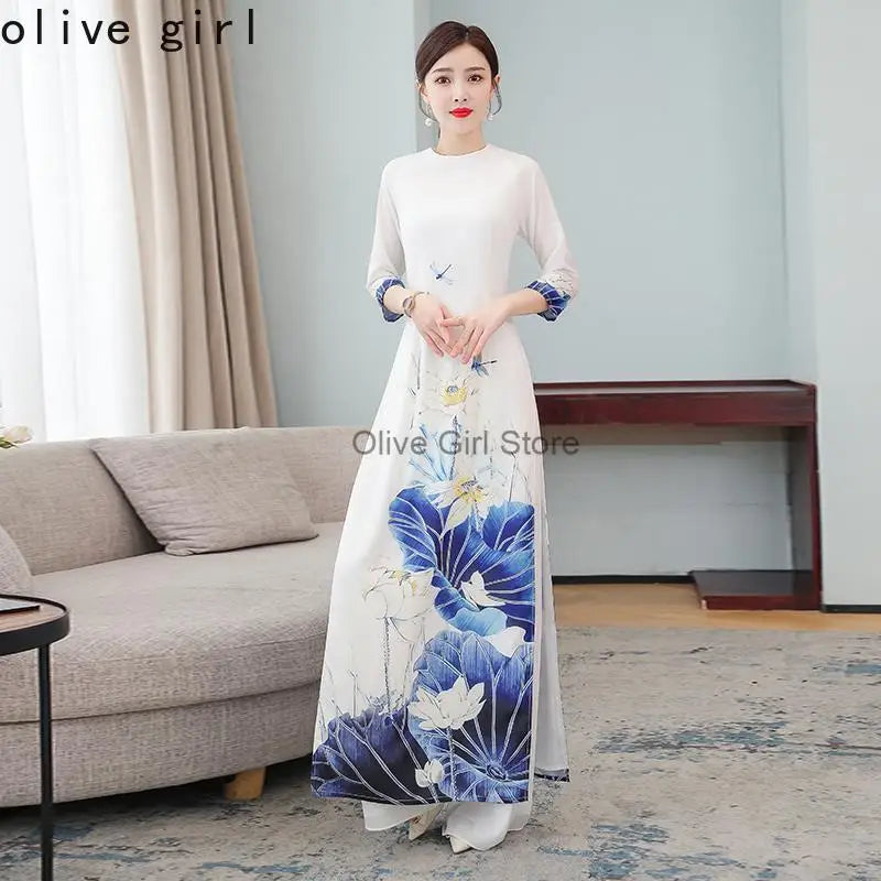 Women Aodai Vetnam Clothing Long Cheongsam Aodai Vietnamese Traditionally Dress Two-piece Wide-leg Pants Cheongsam Aodai Dress