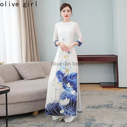 Women Aodai Vetnam Clothing Long Cheongsam Aodai Vietnamese Traditionally Dress Two-piece Wide-leg Pants Cheongsam Aodai Dress