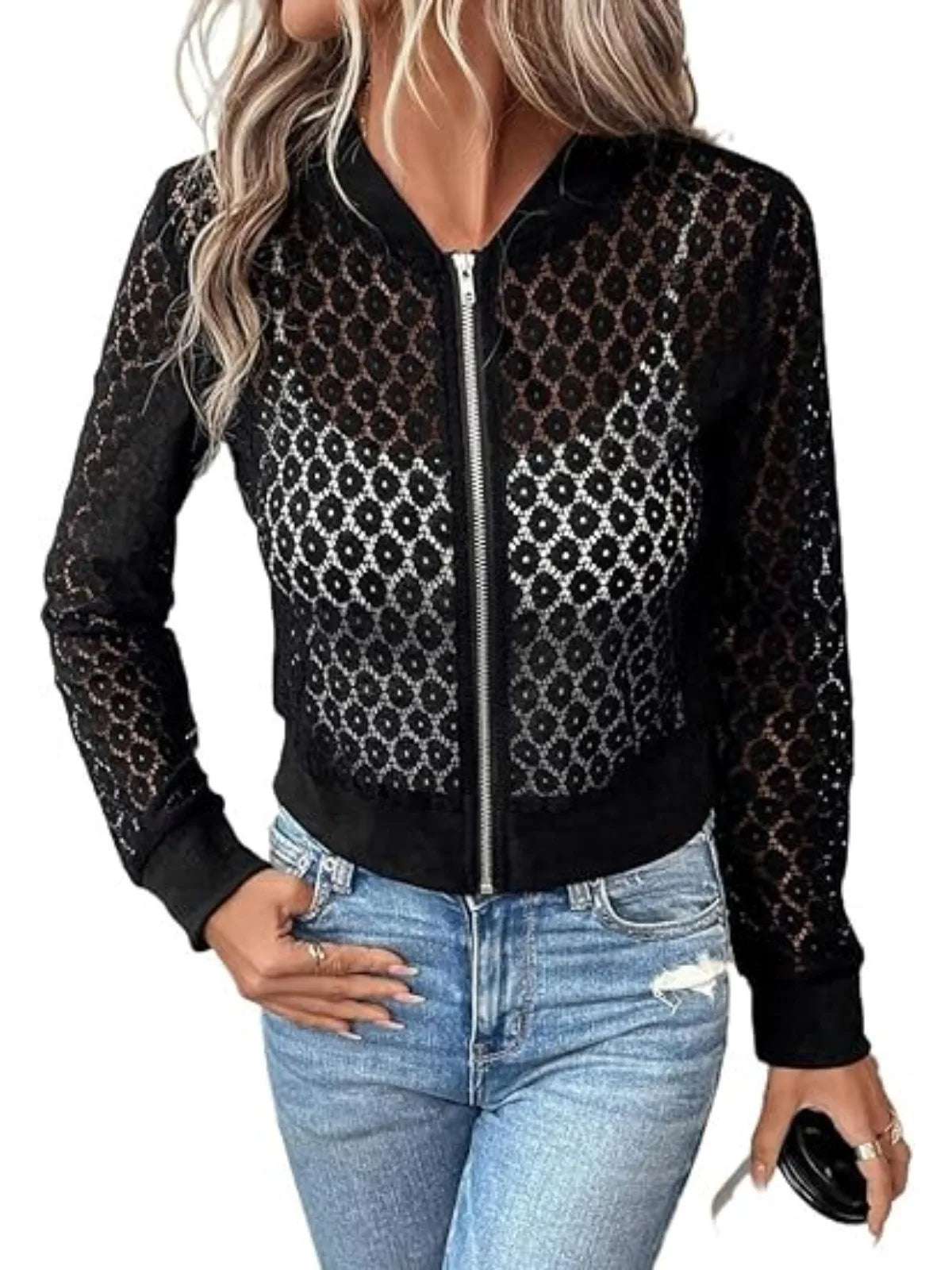 Plus Size Women'S Autumn Fashion Lace Jacket V-Neck Long Sleeved Zipper Casual Holiday Women'S Jacket