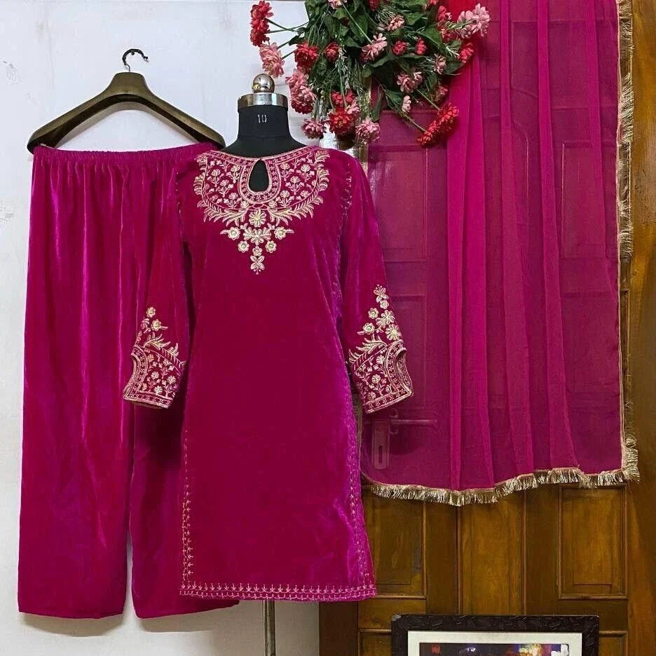 Salwar Kameez Velvet Round Neck Long Sleeved Sharara Indian Ethnic Traditions