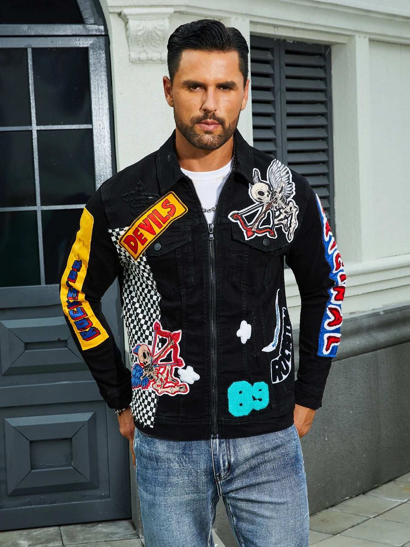 Men's stretch denim jacket, cat creases wash water, full embroidered seal design, fashion style, suitable for all seasons-6050BL