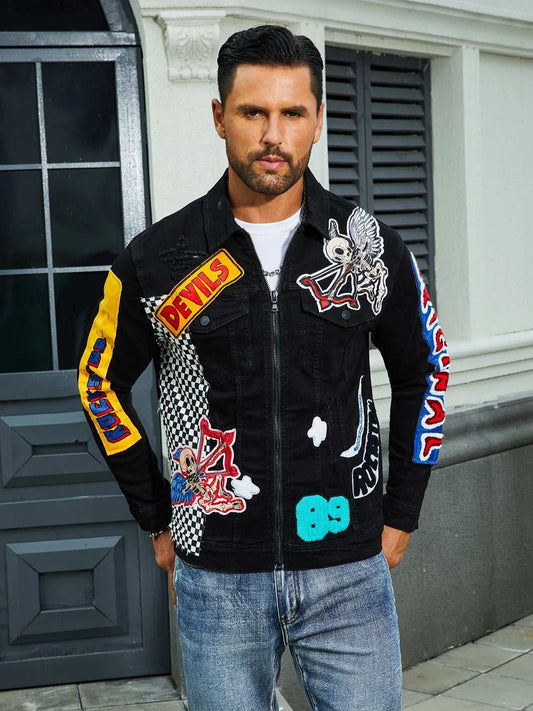 Men's stretch denim jacket, cat creases wash water, full embroidered seal design, fashion style, suitable for all seasons-6050BL