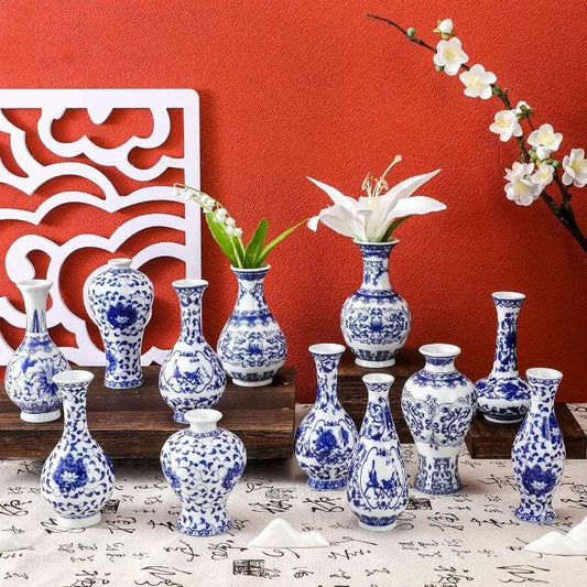 12 Pcs Porcelain Blue and White Vase, Mini Chinoiserie Vintage Ceramic Oriental Vase Classic Handmade Chinese Flower Ja