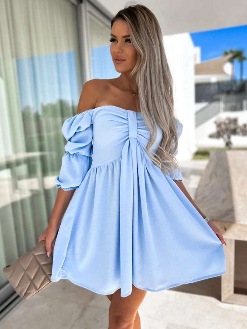 2025 Spring&Summer New Arrival: Holiday Style One Word Collar Solid Color Strapless Sleeve Short Dress - Light Blue
