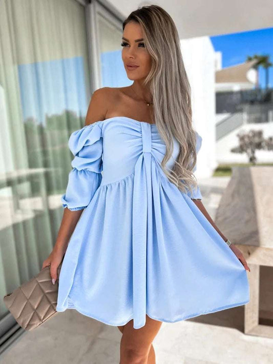 2025 Spring&Summer New Arrival: Cute Holiday Style One Word Collar Solid Color Strapless Sleeve Short Dress - Light Blue