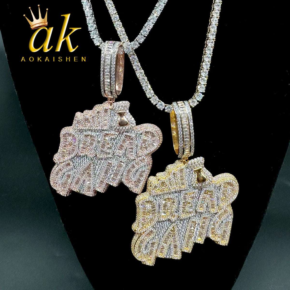 Iced Out Pedant Bread Gang Necklace for Men Cubic Zirconia Baguette Double Color Hip Hop Jewelry
