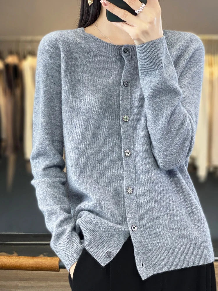 Long Sleeve 100% Merino Wool Sweaters Cashmere Cardigan Spring Autumn Women's O-Neck Knitwear Tops Clothing Fashion Basic Tops