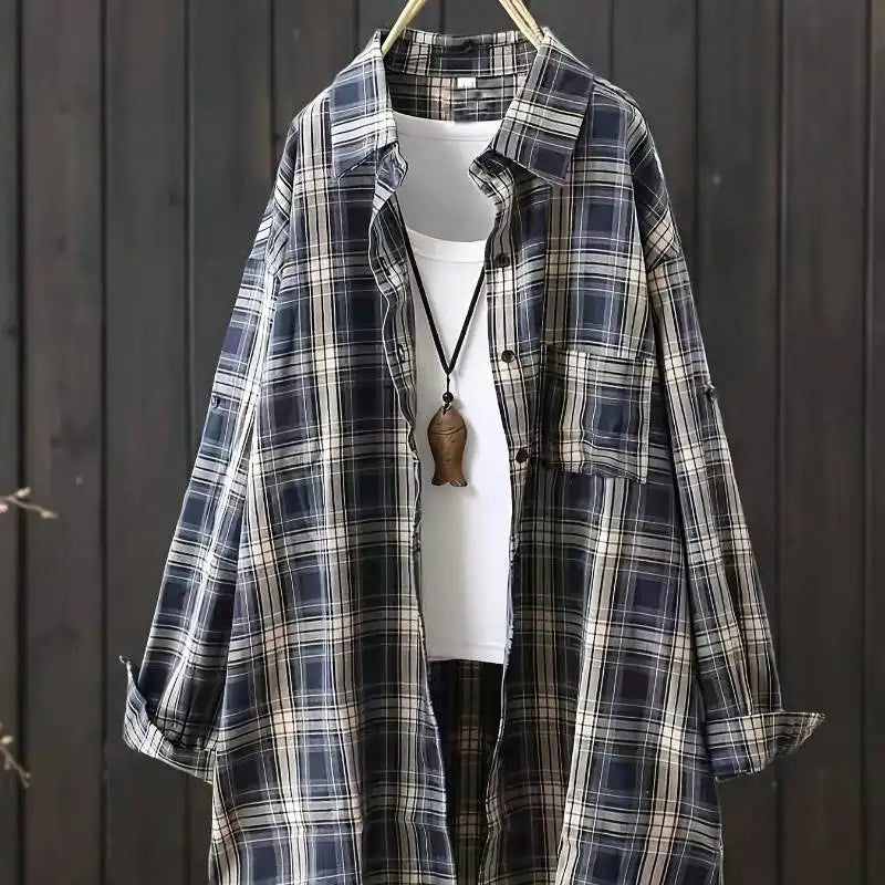 2025 New Plaid Shirt Women's - Oversized Long Sleeve Button Down Shirt Dress Casual Thin Coat