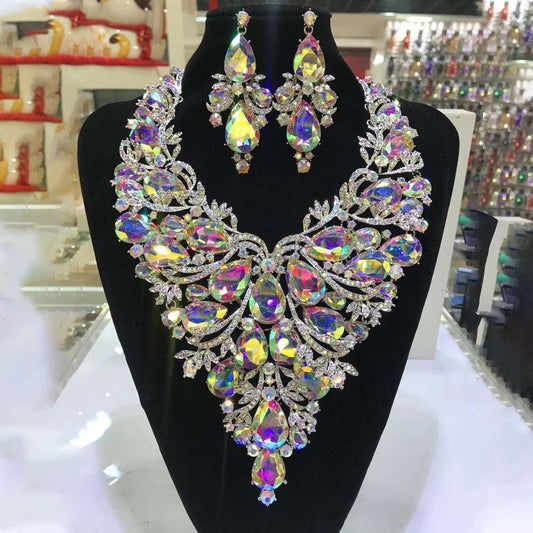 Stonefans Rhinestone Drop Necklace Earrings Set for Women Party Accessories Large Exaggerated Drag Queen Jewelry Set Luxury 2023