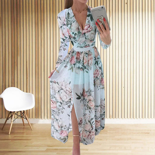 Women V Neck Printed Mid Waist Pullover Casual Loose And Thin Temperament Dress Vestidos De Fiestas Elegantes Mujer