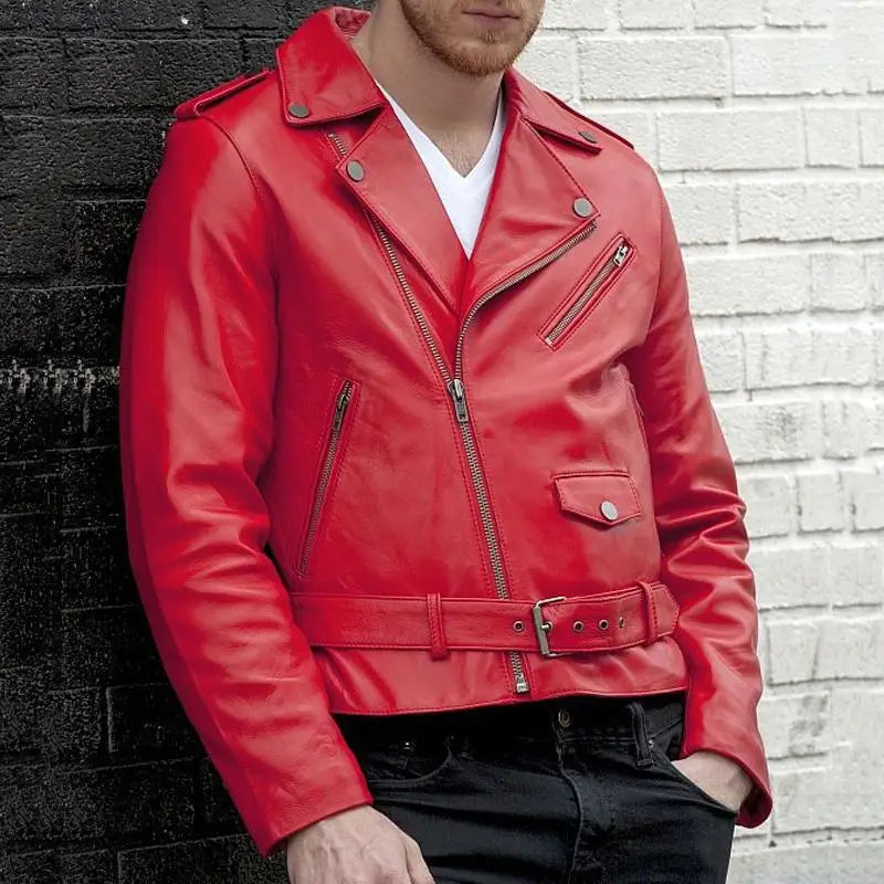 Men'S Red Pu Leather Biker Jacket - Bold Outerwear For Streetwear & Casual Style