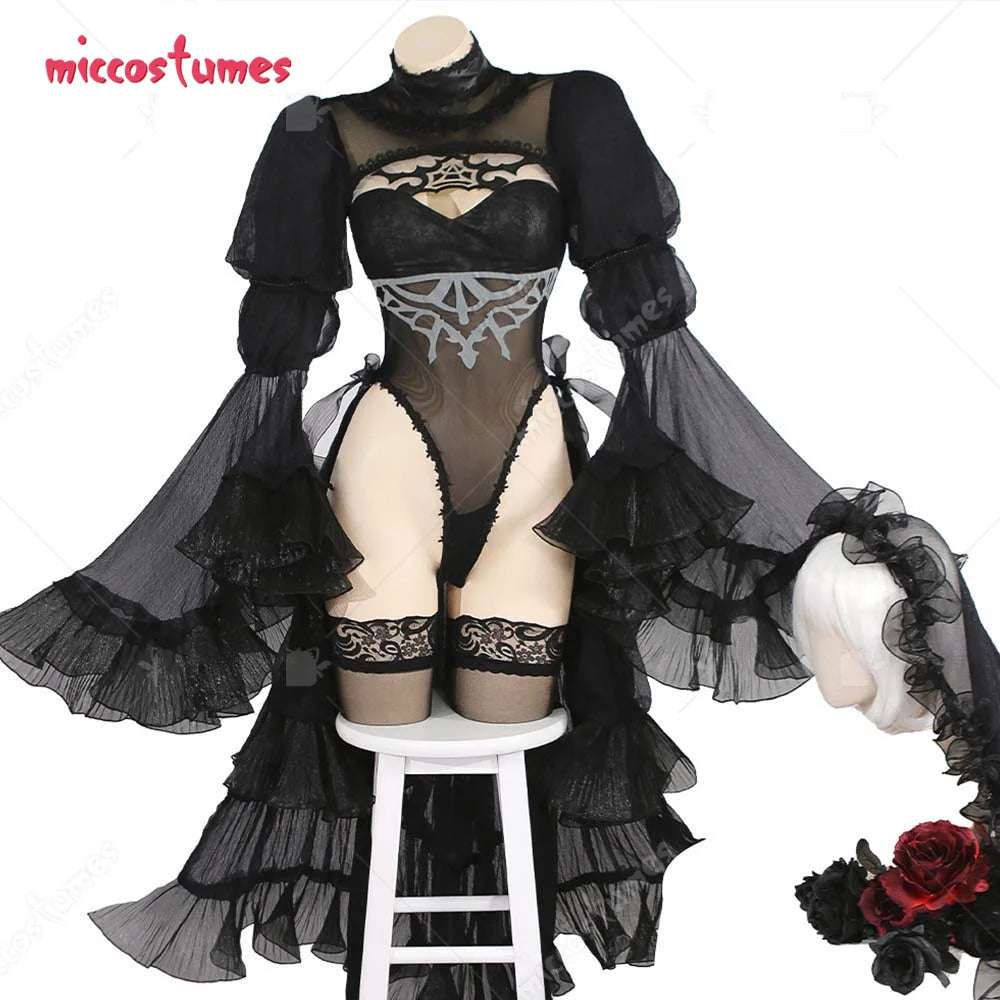 Miccostumes 2B White Black Wedding Dress 2B Bride Cosplay Costume With Veil Gloves For Women'S Wedding Dress Bride Cosplay