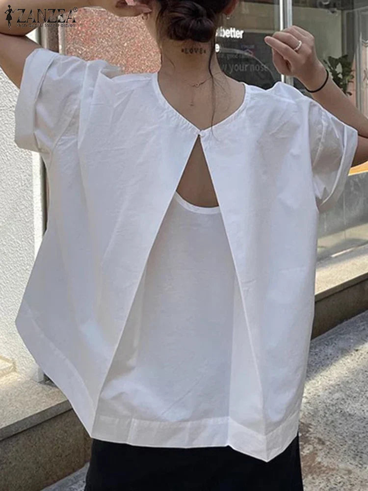 ZANZEA 2025 Fashion Summer Blouse Womenolid Color Shirts Casual Loose Short Sleeve Tops Backless Tunics Blusas Femininas