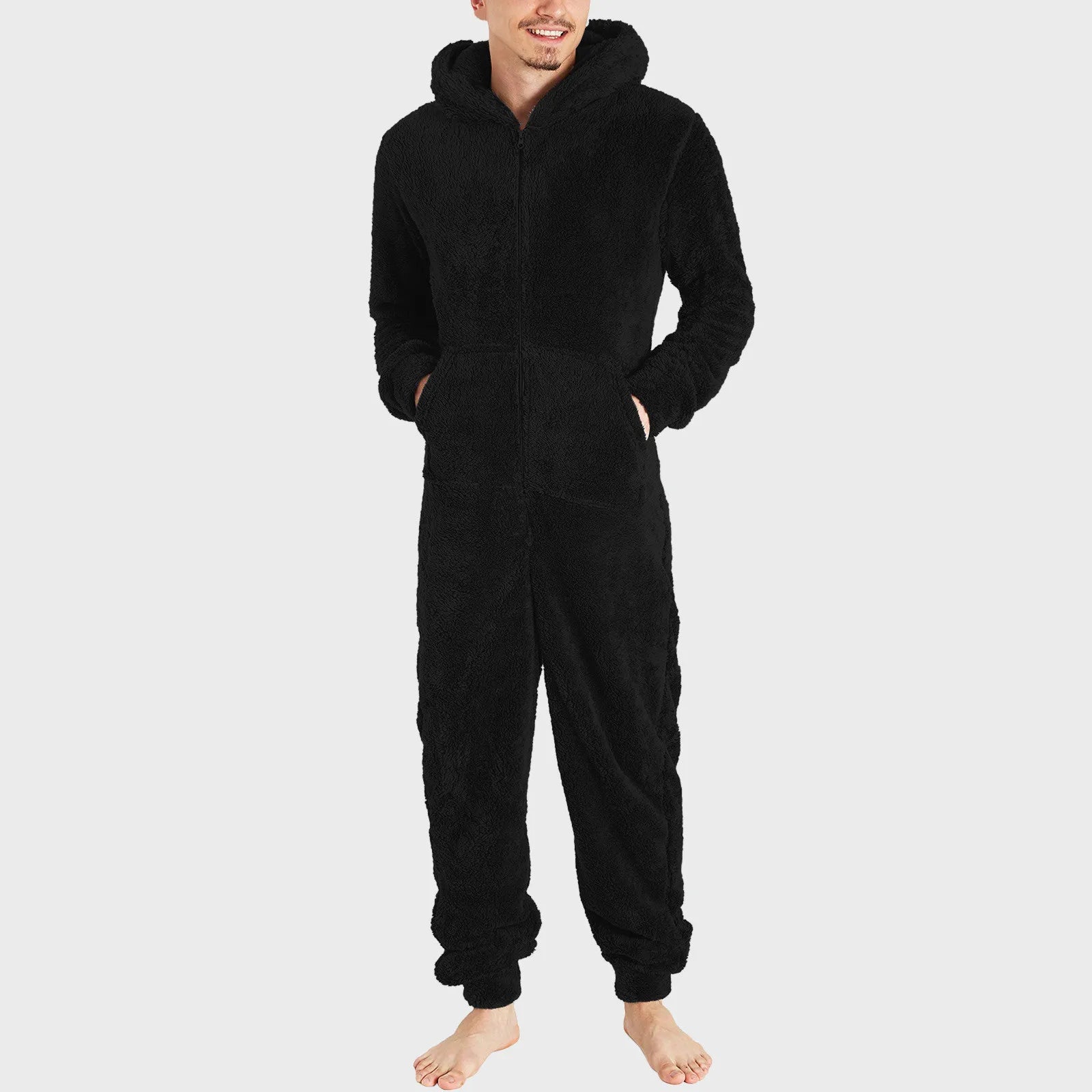 Men Jumpsuit Long Sleeve Pajama Solid Zipper Hooded Jumpsuit Casual Winter Warm Sleepwear Comfortable Male Home Clothing 2024