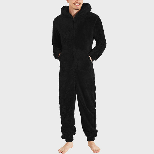 Men Jumpsuit Long Sleeve Pajama Solid Zipper Hooded Jumpsuit Casual Winter Warm Sleepwear Comfortable Male Home Clothing 2024