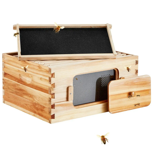 SucceBuy Bee Hive Deep Box Starter Kit 100% Beeswax Coated Natural Cedar Wood Langstroth Beehive Kit Transparent Acrylic