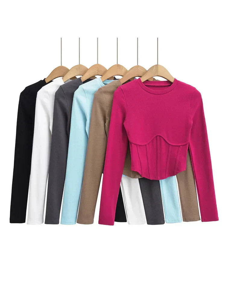 Vintage y2k streetwear white crop tops Women long sleeve tees Gorgeous o neck cropped t shirt bright line black tops Gorgeous ribbed