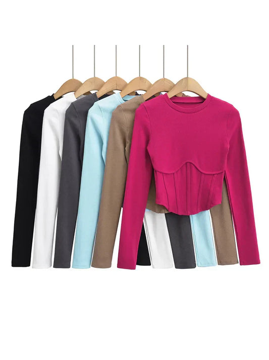 Vintage y2k streetwear white crop tops Women long sleeve tees Gorgeous o neck cropped t shirt bright line black tops Gorgeous ribbed