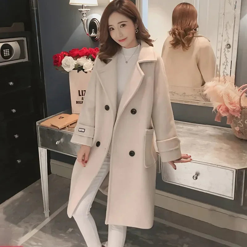 Women'S Korean Style Mid-Length Woolen Tweed Jacket - Slimming Versatile Spring Autumn Coat