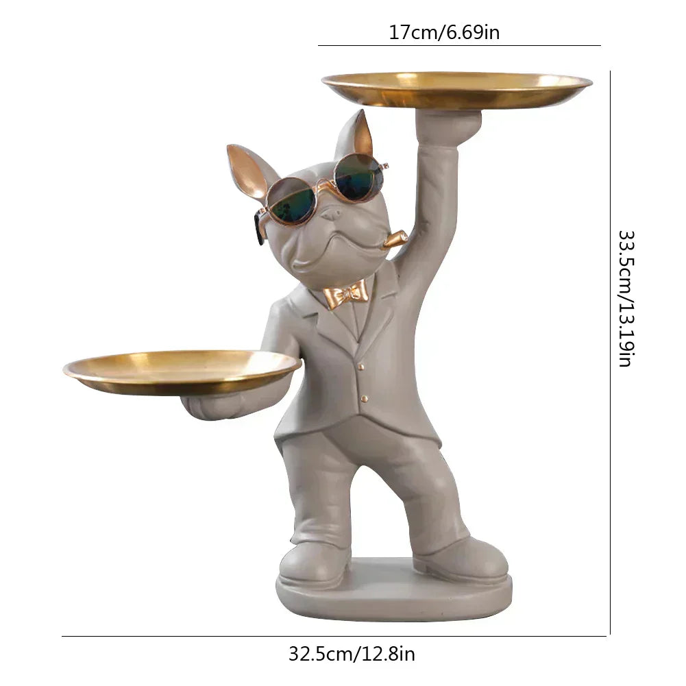 Resin Desk Tray Statue 2 Metal Trays Cool Bulldog Ornament Figurines With Glasses Art Collectibles Office Home Decor
