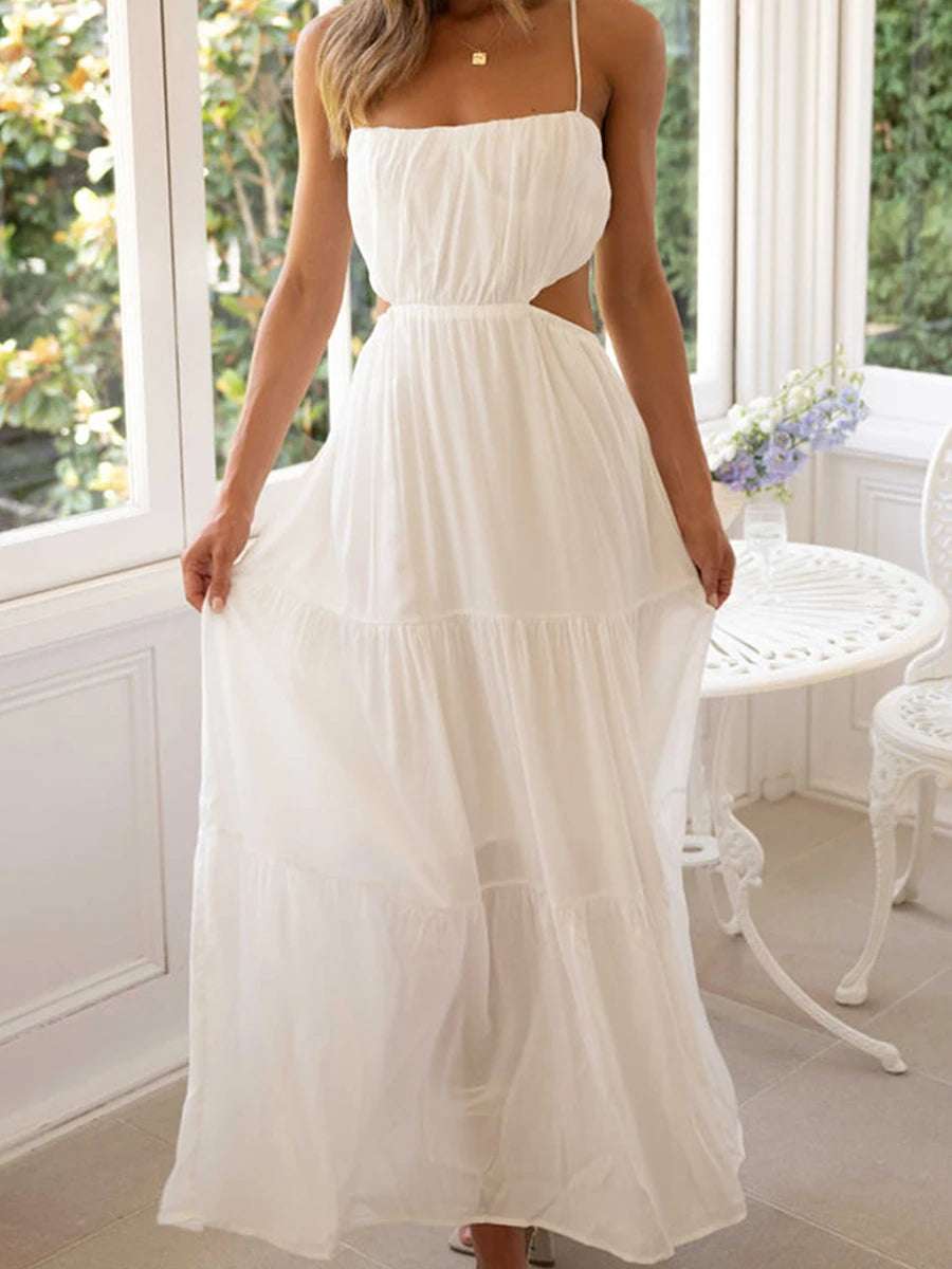 Sleeveless Maxi Dress with V-Neckline and Ruched Waist Detail for Women'summer Fashion