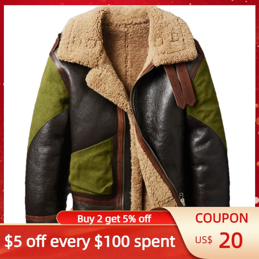Dark Brown Genuine Shearling Coat Men Military Style Plus Size 6XL Natural Sheepskin Winter Thick Warm Leather Jacket 100kg Wear