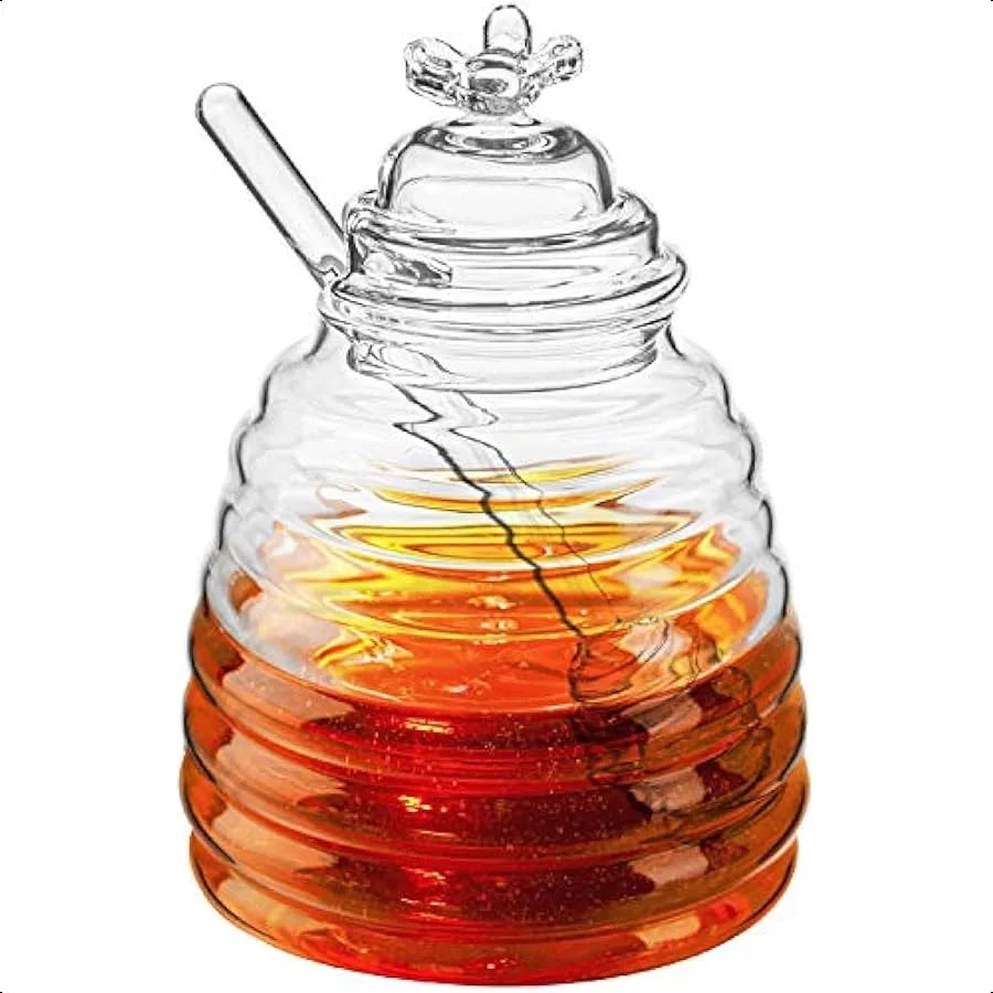 Hedume Honey Jar with Dipper and Lid Honey Bee Pot 17oz Glass Beehive Honey Pot for Home Kitchen