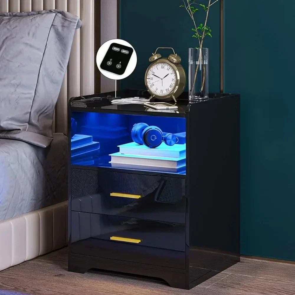 LED Nightstand with 2 USB Ports, High Gloss Night Stand with 2 Drawers, Black Bedside Tables with Human Sensor(Black)