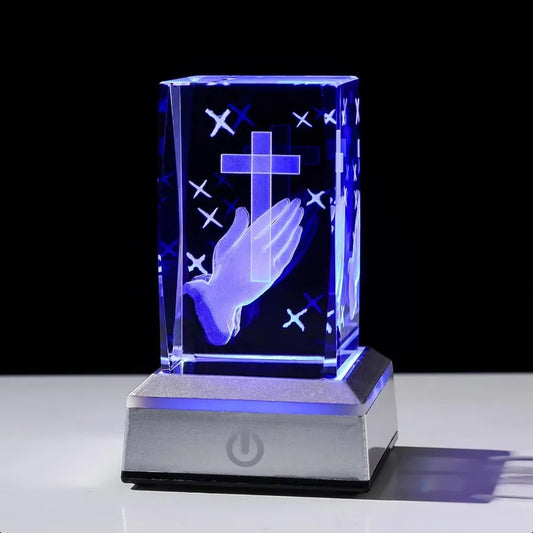 3D Crystal Praying Hands Christian Religious Gifts for Women Men Glass Laser Engrave Jesus Cross Figurine Cube Multicolor Led N