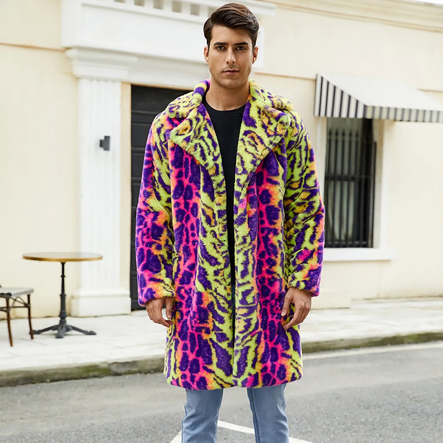 Men's Autumn And Winter Fashionable And Casual Thick Imitation Hooded Leopard Print Long Coat Fashion Casual Thickened Coat