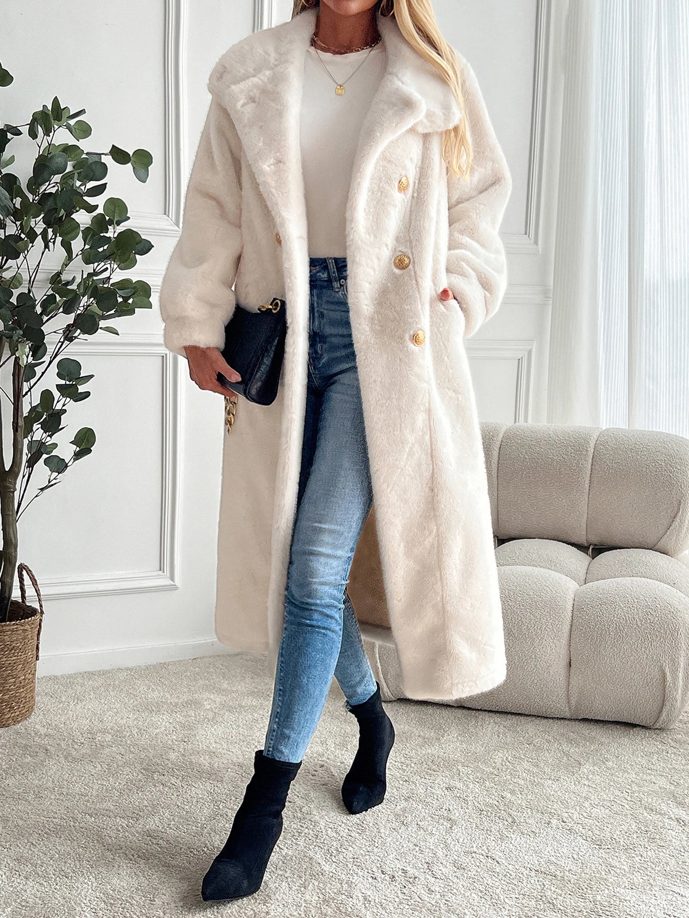 Faux fur coat long coat WoMen's lapel double-breasted loose warm high-end atmospheric coat jacket 24 autumn and winter new